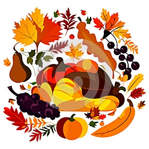 Thanksgiving day background with turkey, pumpkins, autumn leaves and berries AI Generated