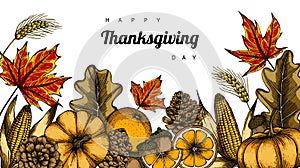 Thanksgiving day backgrounds and greeting card with flower and leaf drawing illustration.