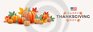 Thanksgiving day banner. Thanksgiving background with realistic 3d orange pumpkins, fall foliage, USA flag, Thanksgiving day