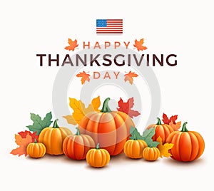 Thanksgiving day banner. Beautiful background with realistic 3d orange pumpkins, USA flag, autumn leaves