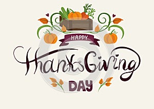 Thanksgiving day banner with lettering, pumpkins, and leaves. Harvest time