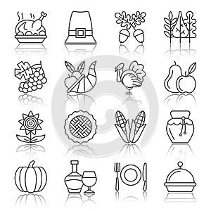 Thanksgiving day black thin line icon set