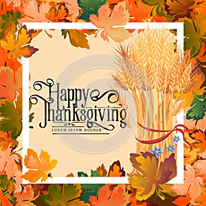 Thanksgiving Day calligraphy card.Autumn background layout decorate leaves shopping sale or promo poster and frame