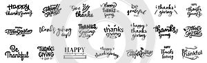 Thanksgiving Day calligraphy font badges. Happy Thanksgiving calligraphy text for greeting card. Happy thanksgiving lettering