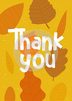 Thanksgiving day card, postcard, poster, flyer with leaves, thank you quote.