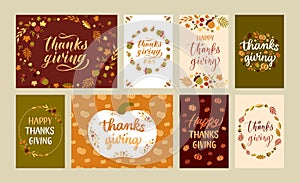 Thanksgiving day cards. Autumn holiday lettering with fall leaves and pumpkins, happy thanks giving vector set