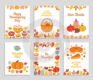 Thanksgiving day cards. Autumn rustic poster, flyers with flowers, pumpkin pie falling leaves. Happy thankful greetings