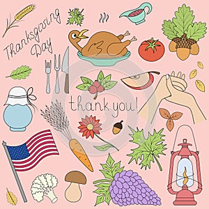 Thanksgiving Day. Collection of illustrations. Pink background. Set of colored holiday elements