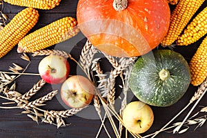 Thanksgiving Day concept - border or frame with orange pumpkins and colourful leaves on wooden background