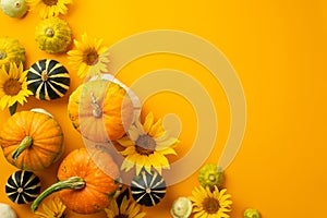 Thanksgiving day concept. Top view photo of raw vegetables pumpkins pattypans and sunflowers on isolated orange background with