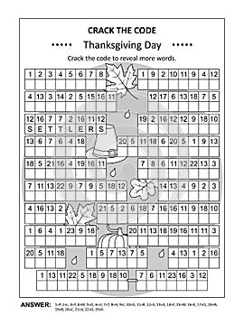 Thanksgiving Day crack the code word game, or codebreaker word puzzle US version. Answer included.