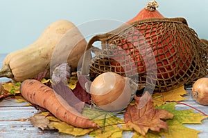 Thanksgiving Day decoration background. Blue wooden table with pumpkins, carrot, garlic, onion and maple leaves. Harvest festival