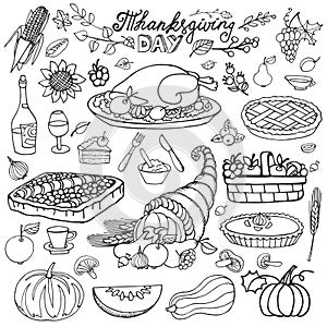 Thanksgiving day.Doodle food icons.Linearset