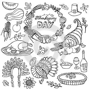 Thanksgiving day doodle icons,wreath.Linear set