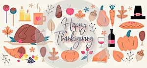 Thanksgiving Day event vector hand drawn symbols, design elements, signs. Thanksgiving Day collection for your design. Turkey,