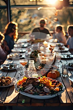 Thanksgiving Day family at the table. Selective focus.