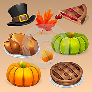 Thanksgiving Day food icons set with leafs