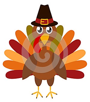 Thanksgiving Day. Funny cartoon character turkey bird in pilgrim hat. Vector illustration isolated on white