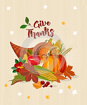 Thanksgiving day. Give thanks. Thanksgiving party poster with bright background. Harvest festival