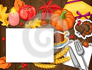 Thanksgiving Day greeting card. Background with autumn and holiday objects