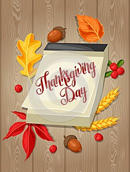 Thanksgiving Day greeting card. Background with calendar and autumn objects