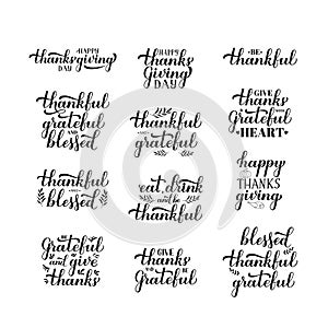 Thanksgiving Day hand drawn lettering set. Easy to edit vector template for greeting card, typography poster, logo design,