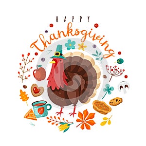 Thanksgiving day. Happy holidays poster with festive character. Holiday turkey, yellow leaves and fruits, berries and