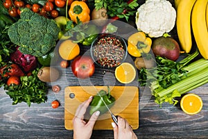 Summer food with vegetables and fruits on wooden background