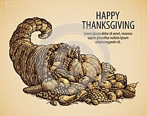 Thanksgiving day. Holiday greeting card. Vintage sketch cornucopia with fruits and vegetables