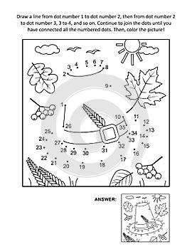 Thanksgiving Day holiday themed dot-to-dot, or connect the dots, else join the dots, picture puzzle and coloring page wth pilgrim