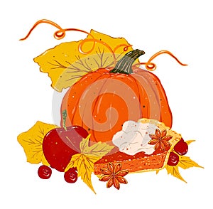 Thanksgiving Day, holiday turkey on a platter. Hand drawn illustration