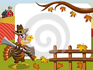 Thanksgiving day horizontal frame pilgrim angry turkey rifle