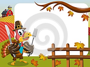 Thanksgiving day horizontal frame pilgrim turkey eating fork knife