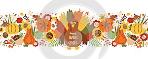 Thanksgiving day horizontal seamless border with turkey, Harvest Pumpkin, autumn leaves sunflower Fall floral endless