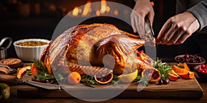 thanksgiving day, large baked turkey on a wooden table, hands cutting the twine on the legs, banner