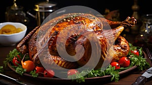thanksgiving day, large roasted turkey on a wooden tray, banner