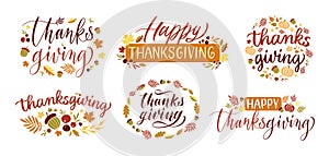 Thanksgiving day lettering. Happy thanks giving card typography, autumn holiday celebrating banner with orange leaf