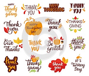 Thanksgiving day lettering. Thanks giving, thank you handwritten phrases. Gratitude phrase, pumpkins and leaves