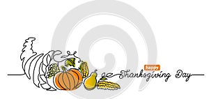 Thanksgiving Day line art background with horn of plenty, cornucopia and vegetables. Simple vector web banner. One