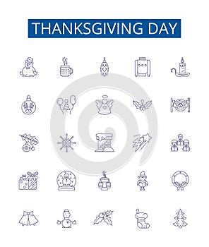 Thanksgiving day line icons signs set. Design collection of Thanksgiving, Day, Turkey, Feast, Gratitude, Pilgrims