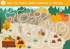 Thanksgiving Day maze for children. Autumn holiday preschool printable activity. Fall labyrinth game or puzzle with cute bird