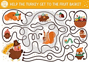 Thanksgiving Day maze for children. Autumn holiday preschool printable activity. Fall labyrinth game or puzzle with cute bird,