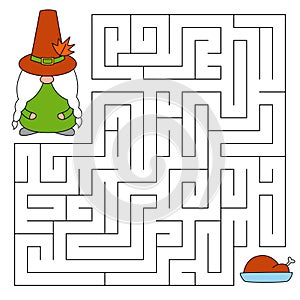 Thanksgiving day maze game for kids. Cute gnome looking for a way to the turkey. Happy thanksgiving. Doodle cartoon