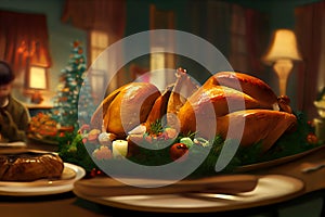 Thanksgiving Day in New York. Christmas dinner with a turkey in a cozy house. Holiday. Illustration for advertising postcards and