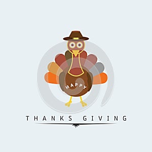 Thanksgiving Day Poster. Beautiful Cartoonic Turkey wearing Hat.