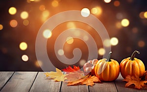 Thanksgiving day with pumpkins and colorful maple leaves on dark bokeh lights orange background. Copy space.