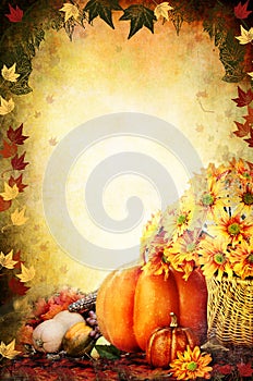 Thanksgiving Day Pumpkins and Flowers Background