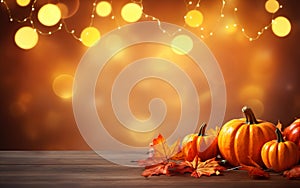 Thanksgiving day with pumpkins, garlands and maple leaves on dark bokeh lights orange background. Autumn composition