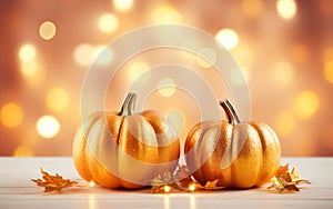 Thanksgiving day with pumpkins and maple leaves on bokeh lights orange background. Autumn composition with copy space.