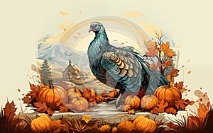 Thanksgiving day with pumpkins and turkey drawing background